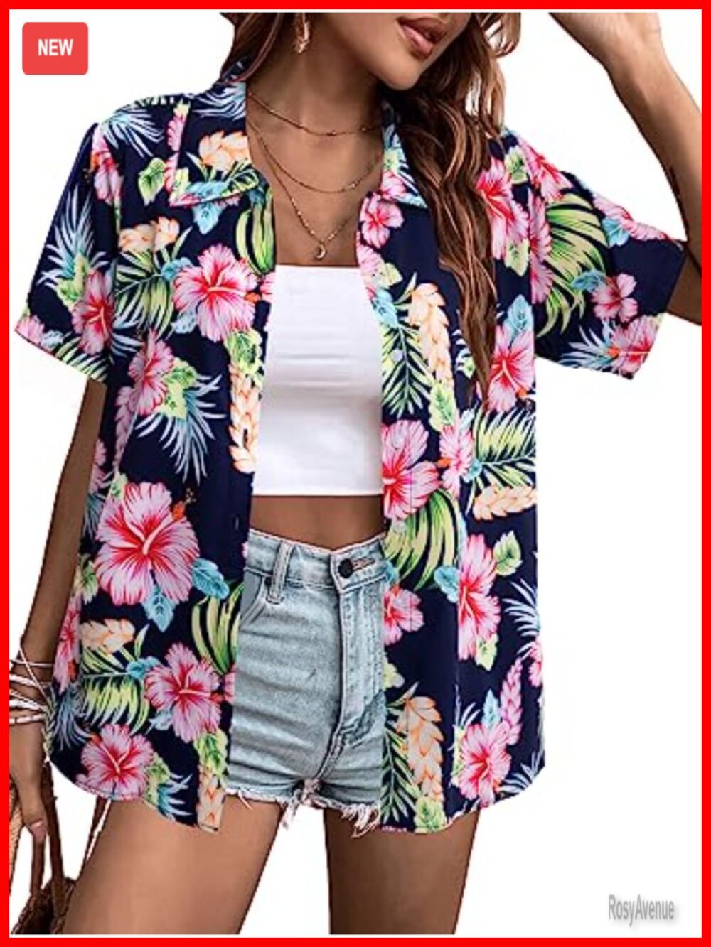 Women's Hawaiian Tropical Print Button Down Short Sleeve Chiffon Shirt Summer